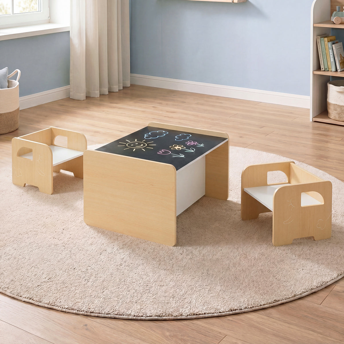 3 Pieces Kids Table and Chair Set with Chalkboard for Home-Natural