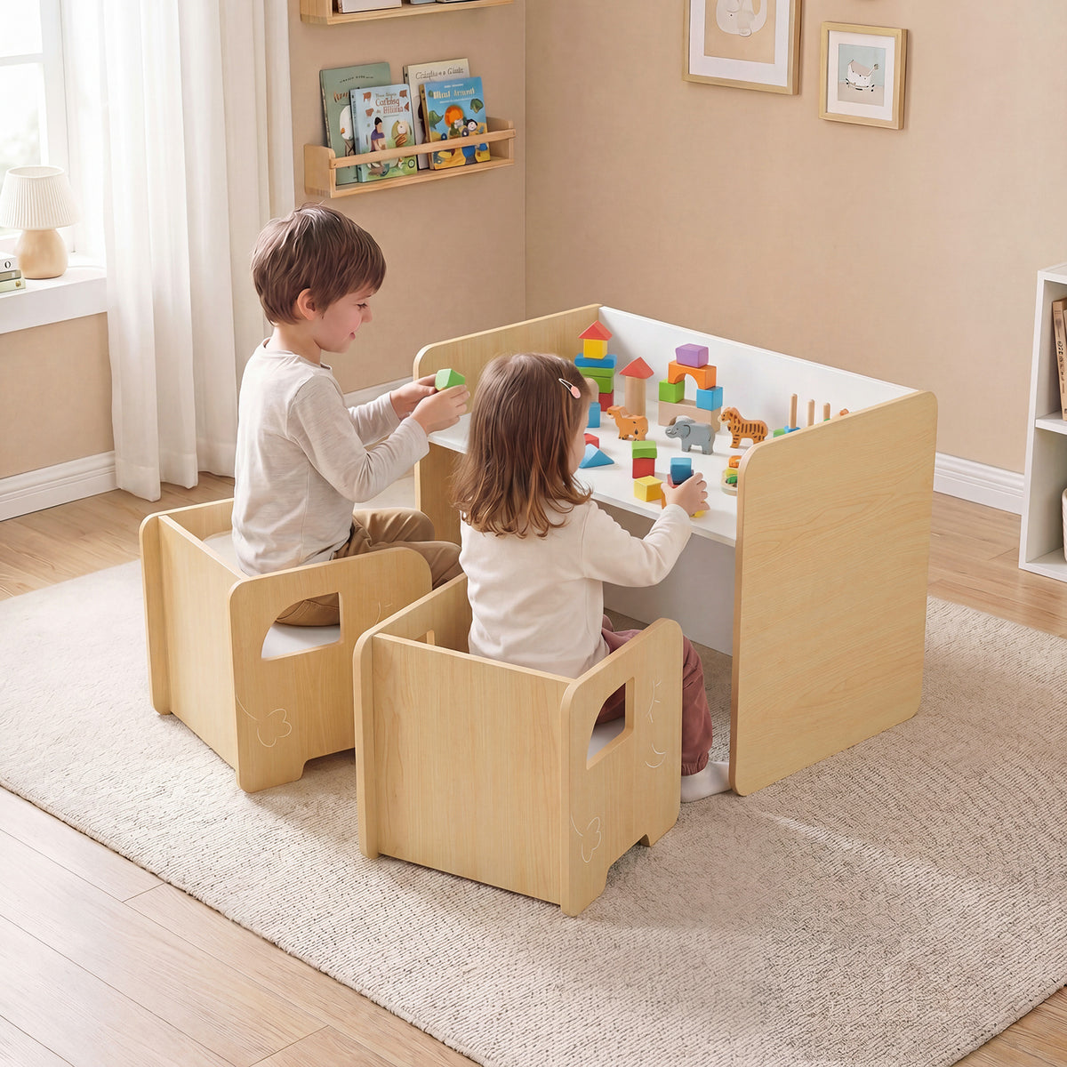 3 Pieces Kids Table and Chair Set with Chalkboard for Home-Natural