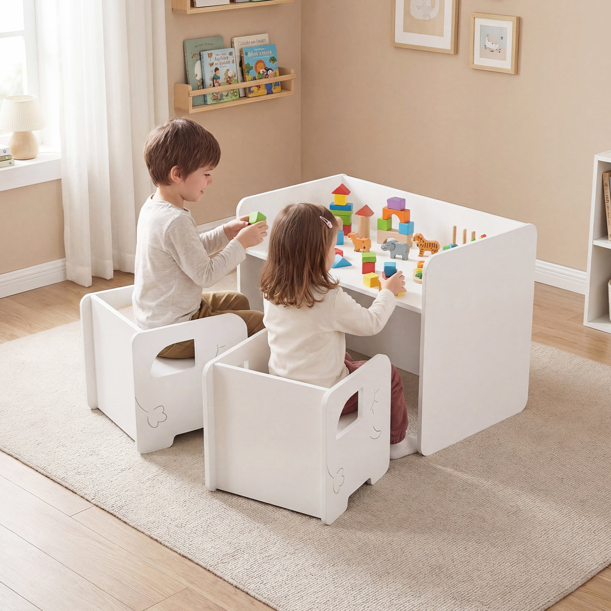3 Pieces Kids Table and Chair Set with Chalkboard for Home-White
