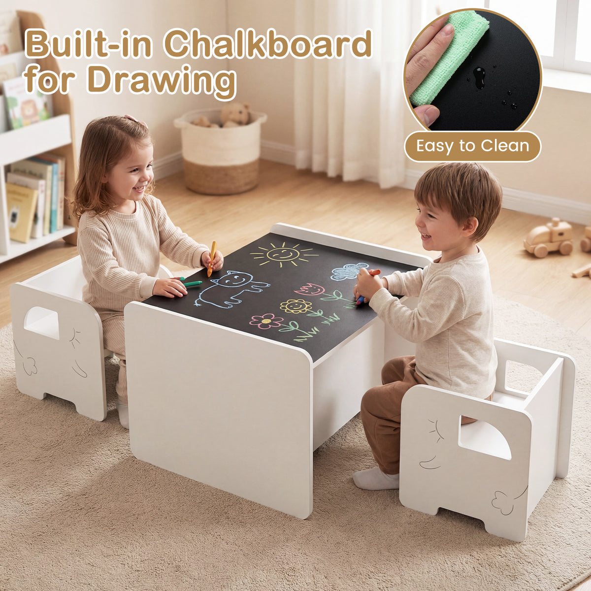 3 Pieces Kids Table and Chair Set with Chalkboard for Home-White