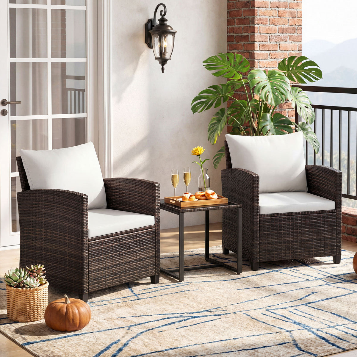 3 Pieces PE Rattan Wicker Outdoor Bistro Conversation Set with Soft Cushions-Beige