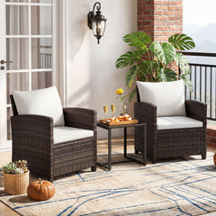 3 Pieces PE Rattan Wicker Outdoor Bistro Conversation Set with Soft Cushions-Beige