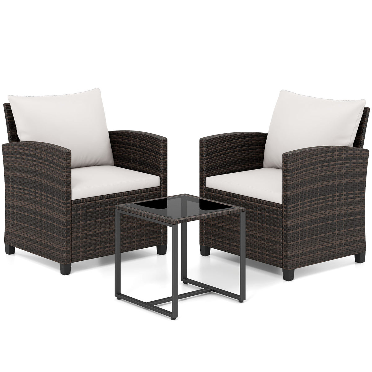 3 Pieces PE Rattan Wicker Outdoor Bistro Conversation Set with Soft Cushions-Beige