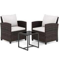 3 Pieces PE Rattan Wicker Outdoor Bistro Conversation Set with Soft Cushions-Beige
