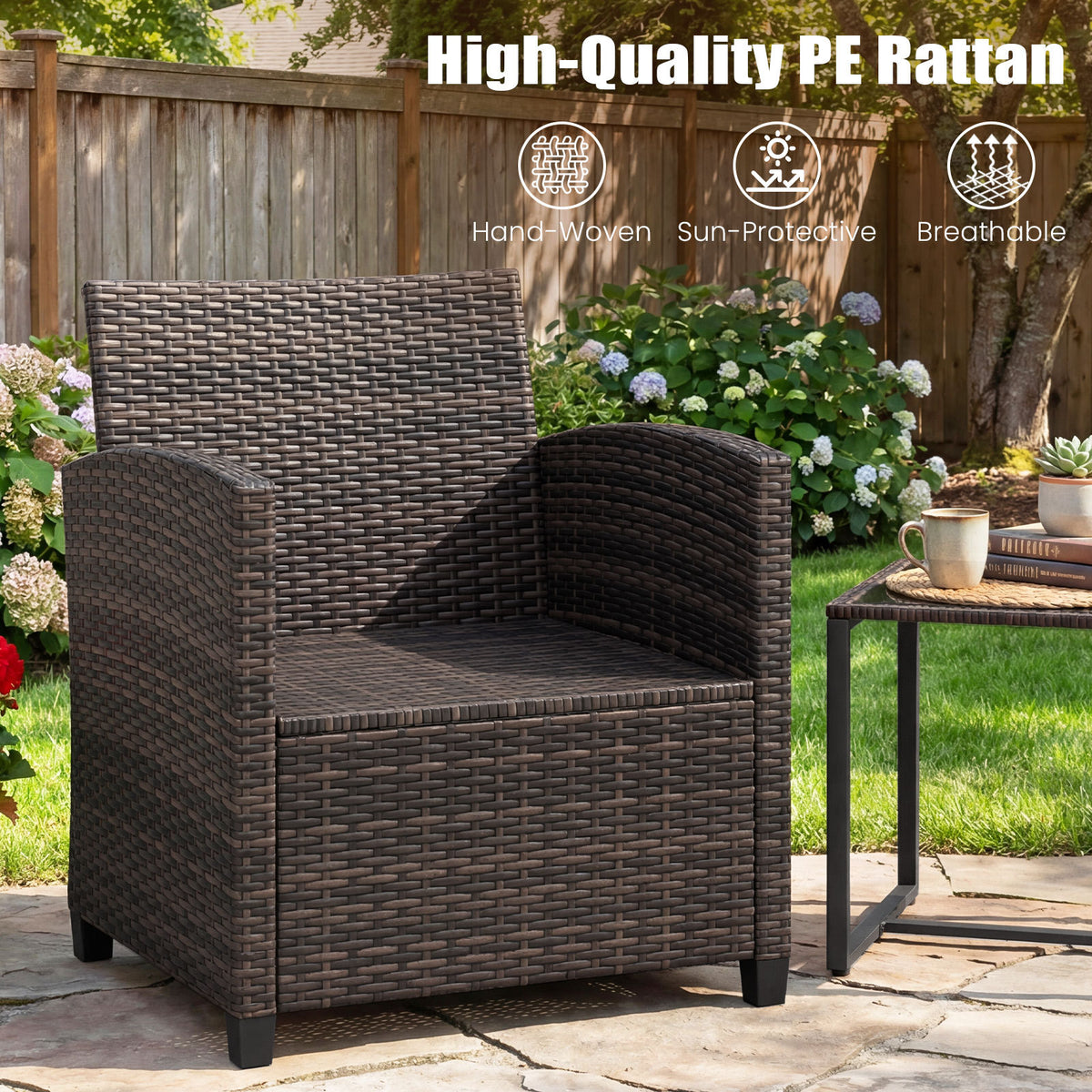3 Pieces PE Rattan Wicker Outdoor Bistro Conversation Set with Soft Cushions-Beige