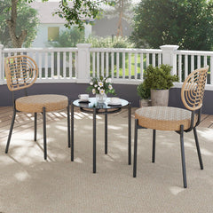 3 Pieces PE Wicker Outdoor Bistro Set Patio Conversation Set with Tempered Glass Coffee Table and Rattan Chairs-Brown