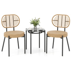 3 Pieces PE Wicker Outdoor Bistro Set Patio Conversation Set with Tempered Glass Coffee Table and Rattan Chairs-Brown