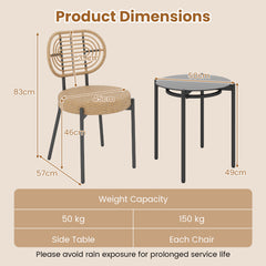 3 Pieces PE Wicker Outdoor Bistro Set Patio Conversation Set with Tempered Glass Coffee Table and Rattan Chairs-Brown