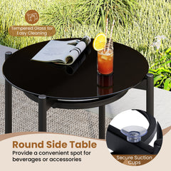 3 Pieces PE Wicker Outdoor Bistro Set Patio Conversation Set with Tempered Glass Coffee Table and Rattan Chairs-Brown