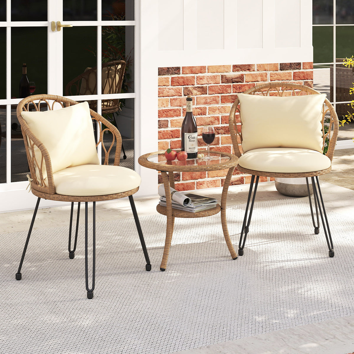 3 Pieces PE Wicker Patio Bistro Set with Cushions for Porch-Beige