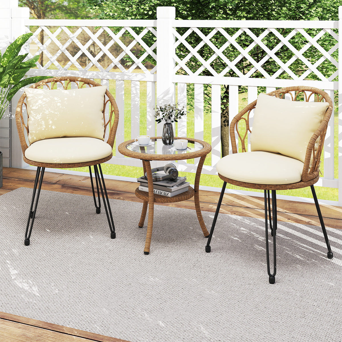 3 Pieces PE Wicker Patio Bistro Set with Cushions for Porch-Beige