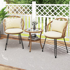 3 Pieces PE Wicker Patio Bistro Set with Cushions for Porch-Beige