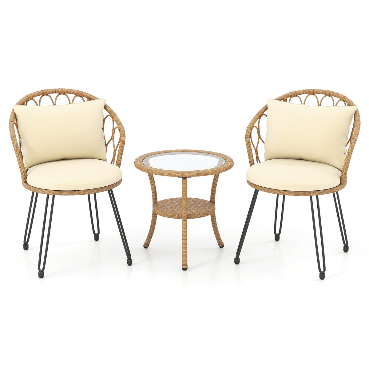 3 Pieces PE Wicker Patio Bistro Set with Cushions for Porch-Beige