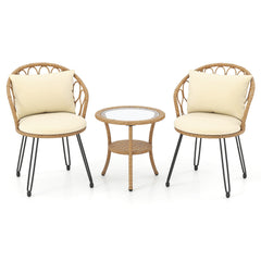 3 Pieces PE Wicker Patio Bistro Set with Cushions for Porch-Beige