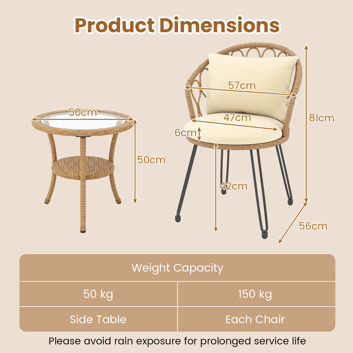 3 Pieces PE Wicker Patio Bistro Set with Cushions for Porch-Beige