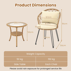 3 Pieces PE Wicker Patio Bistro Set with Cushions for Porch-Beige