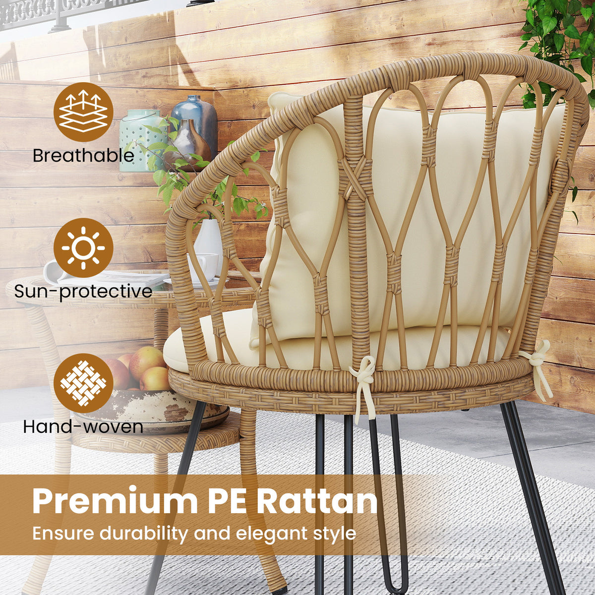 3 Pieces PE Wicker Patio Bistro Set with Cushions for Porch-Beige