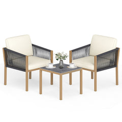 3 Pieces Patio Bistro Set Woven Rope Outdoor Conversation Set with Cushions-Beige
