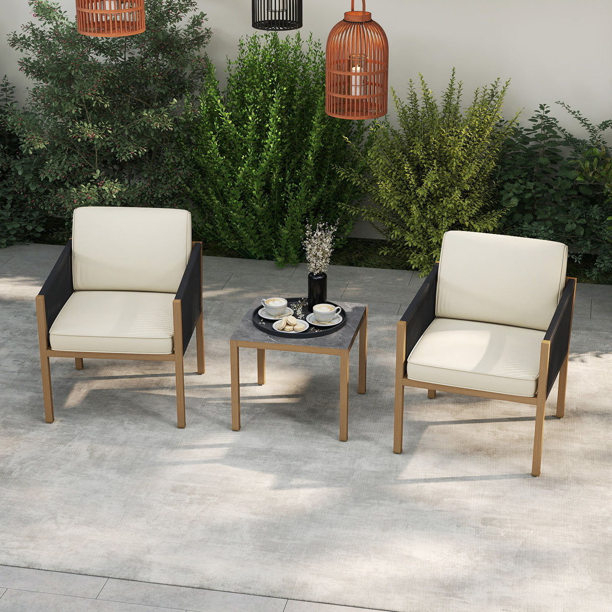 3 Pieces Patio Bistro Set Woven Rope Outdoor Conversation Set with Cushions-Beige