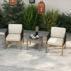 3 Pieces Patio Bistro Set Woven Rope Outdoor Conversation Set with Cushions-Beige