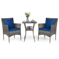 3 Pieces Patio Wicker Bistro Set 2 Rattan Chairs with Double-Tier Tempered Glass Table-Navy