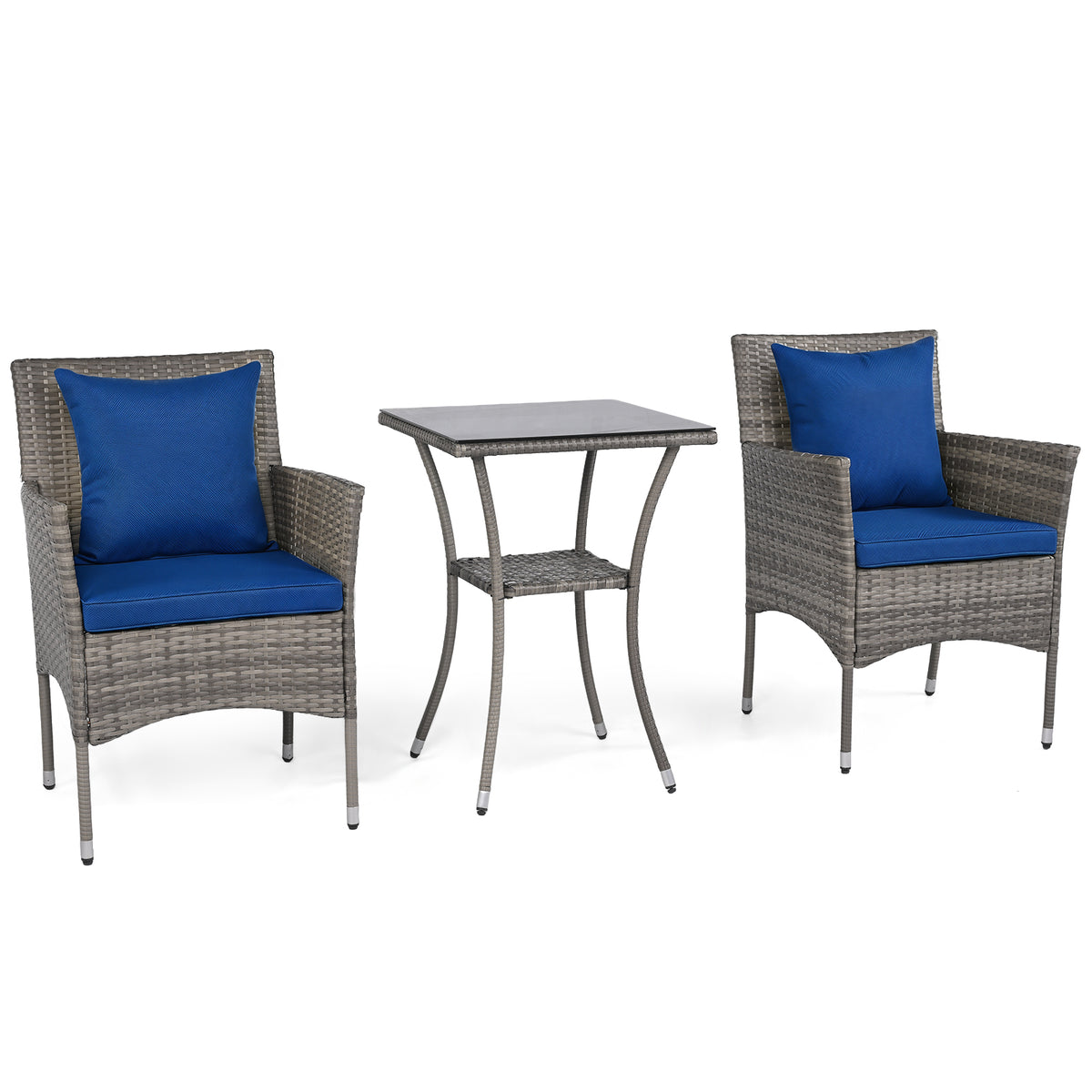 3 Pieces Patio Wicker Bistro Set 2 Rattan Chairs with Double-Tier Tempered Glass Table-Navy