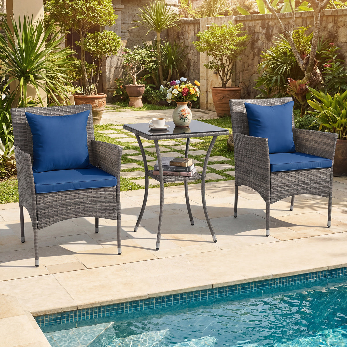 3 Pieces Patio Wicker Bistro Set 2 Rattan Chairs with Double-Tier Tempered Glass Table-Navy