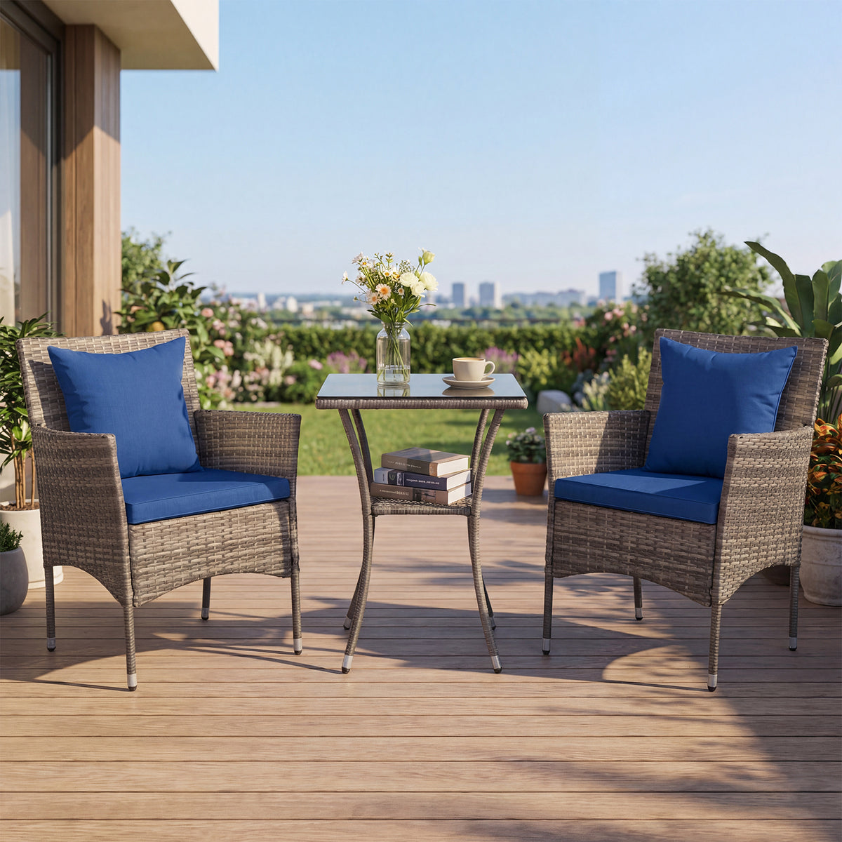 3 Pieces Patio Wicker Bistro Set 2 Rattan Chairs with Double-Tier Tempered Glass Table-Navy