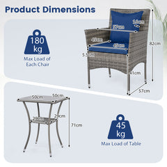 3 Pieces Patio Wicker Bistro Set 2 Rattan Chairs with Double-Tier Tempered Glass Table-Navy