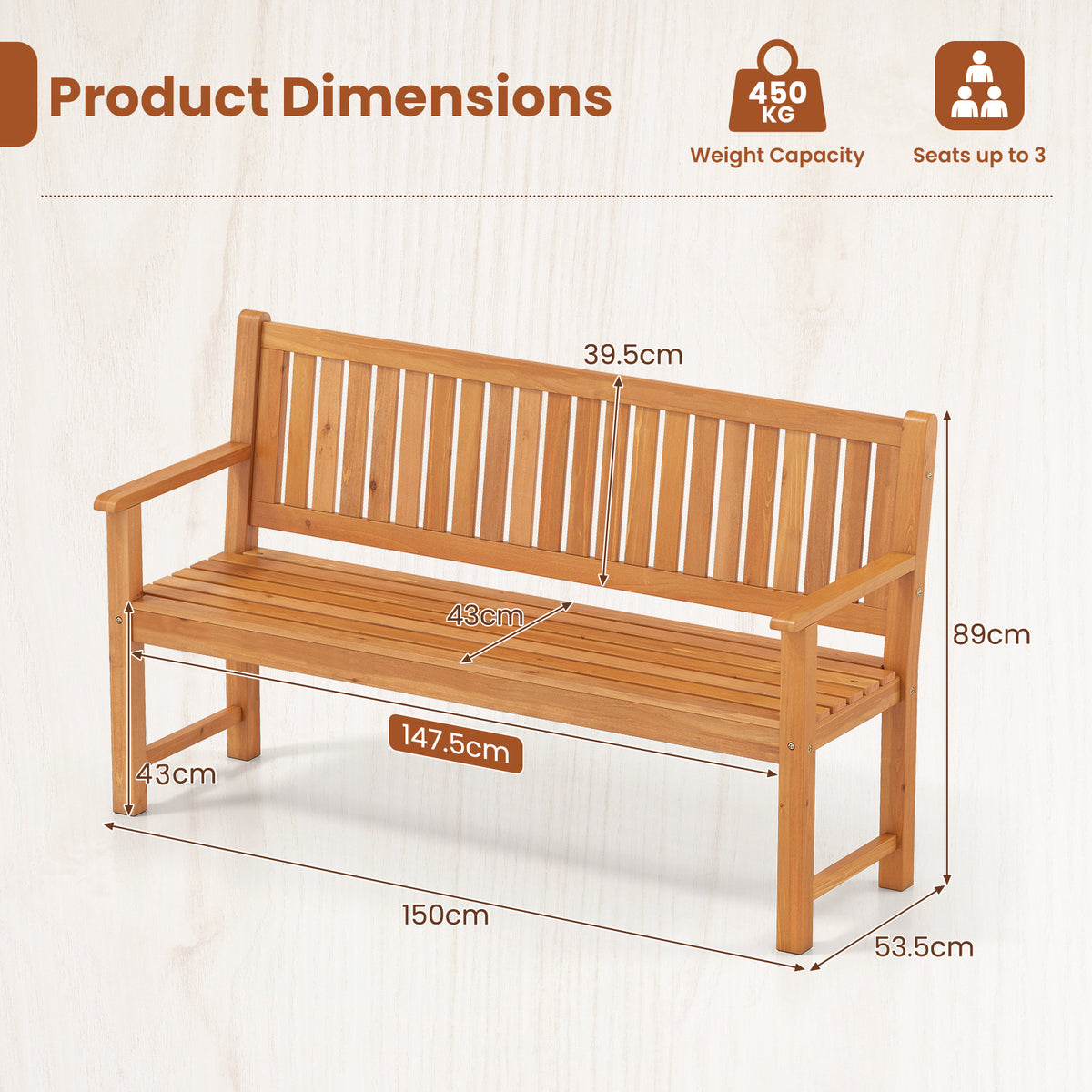 3-Seater Outdoor Wooden Bench 150 cm Large Garden Bench with Backrest-Yellow