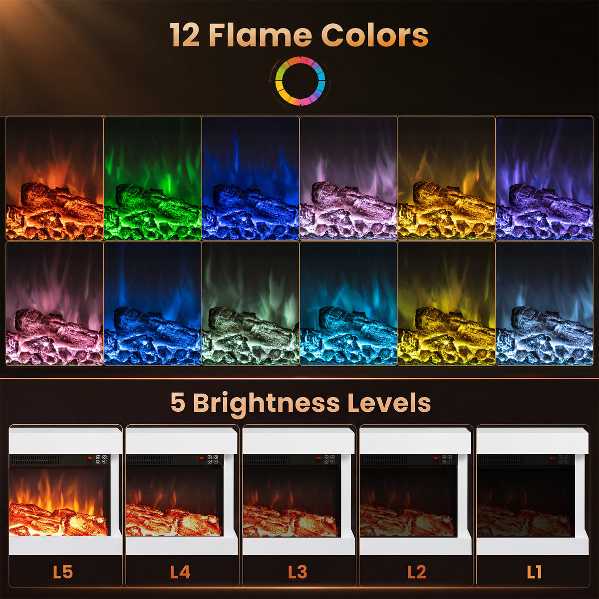 3-Sided Wall Mount Electric Fireplace with 12 Flame and Ambient Colors for Indoor-82cm
