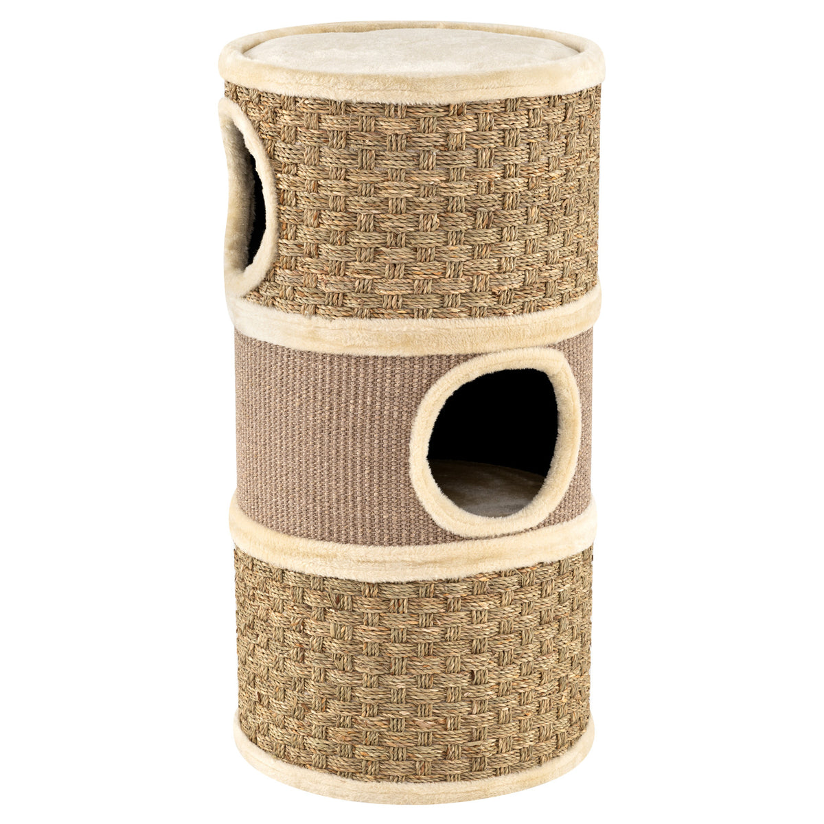 3-Story Cat Condo 70CM Multi-level Cat Hideaway with Sisal Scratching Pad-Khaki