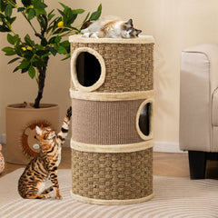 3-Story Cat Condo 70CM Multi-level Cat Hideaway with Sisal Scratching Pad-Khaki