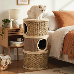 3-Story Cat Condo 70CM Multi-level Cat Hideaway with Sisal Scratching Pad-Khaki