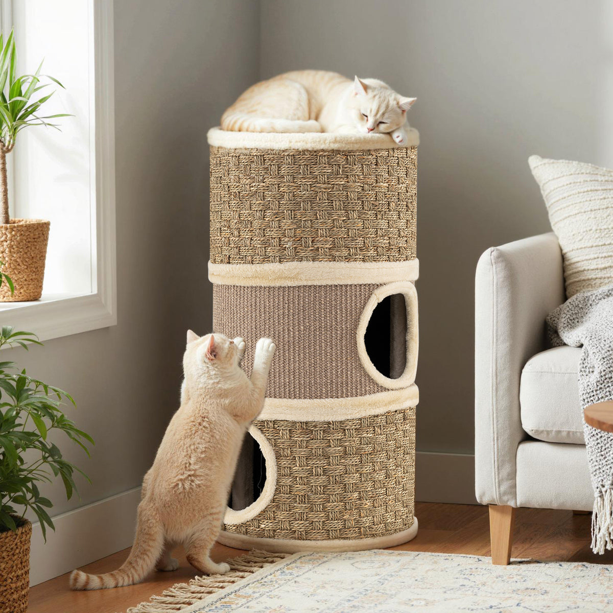 3-Story Cat Condo 70CM Multi-level Cat Hideaway with Sisal Scratching Pad-Khaki