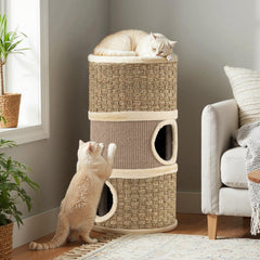 3-Story Cat Condo 70CM Multi-level Cat Hideaway with Sisal Scratching Pad-Khaki