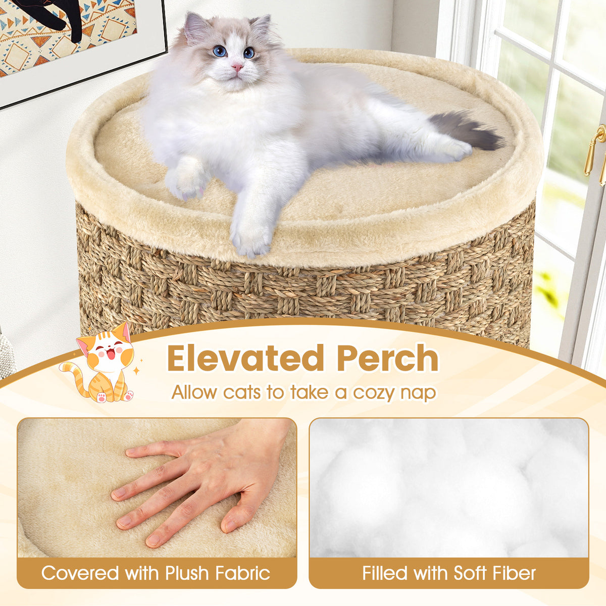 3-Story Cat Condo 70CM Multi-level Cat Hideaway with Sisal Scratching Pad-Khaki