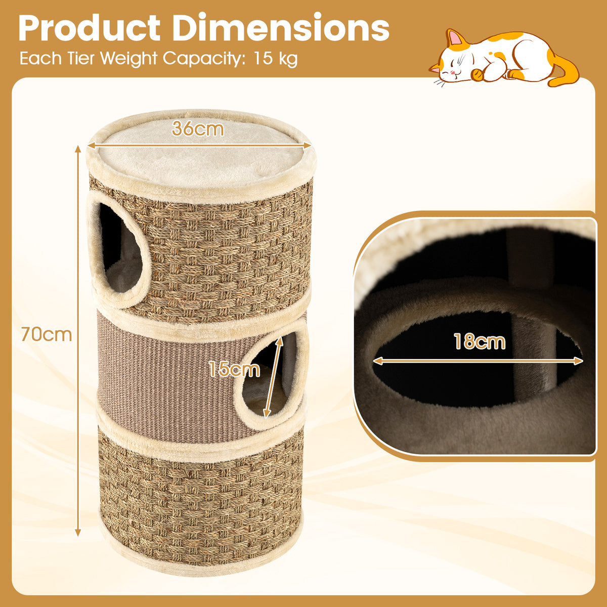 3-Story Cat Condo 70CM Multi-level Cat Hideaway with Sisal Scratching Pad-Khaki