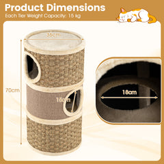 3-Story Cat Condo 70CM Multi-level Cat Hideaway with Sisal Scratching Pad-Khaki