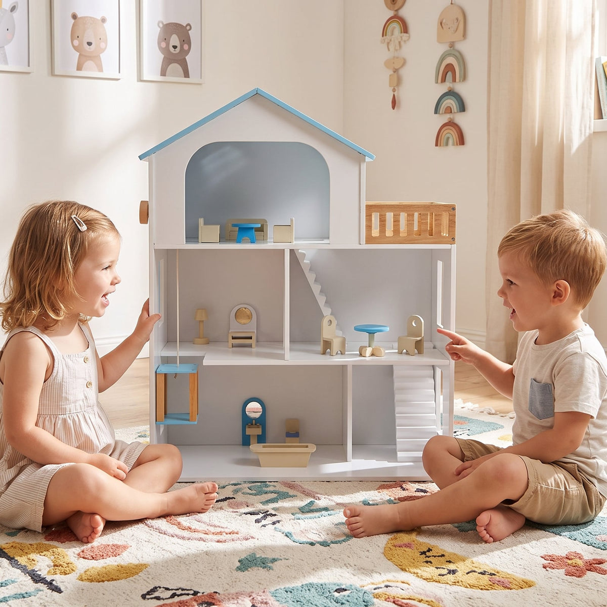 3-Story Wooden Dollhouse Playset with 5 Rooms and Furniture Accessories-Blue