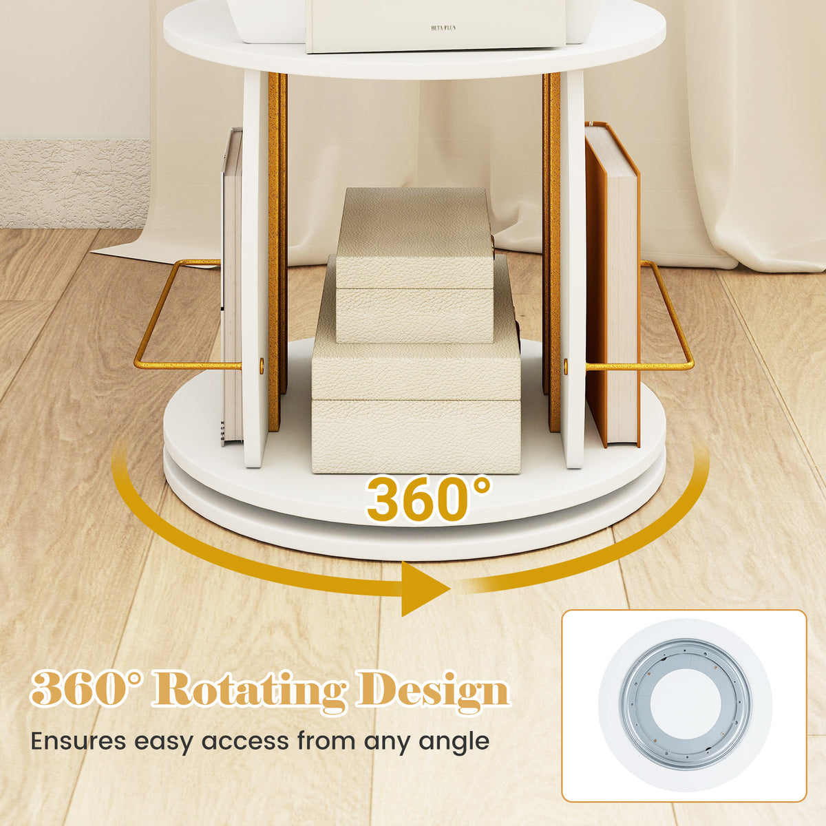 3-Tier 360° Spinning Bookshelf Tower with Display Stands for Small Spaces-White & Golden