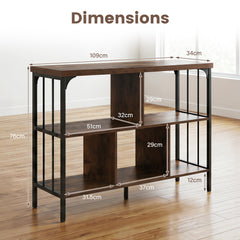 3-Tier Bookshelf with 2 Anti-Tipping Kits Metal Frame and Fencing-Rustic Brown