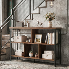 3-Tier Bookshelf with 2 Anti-Tipping Kits Metal Frame and Fencing-Rustic Brown