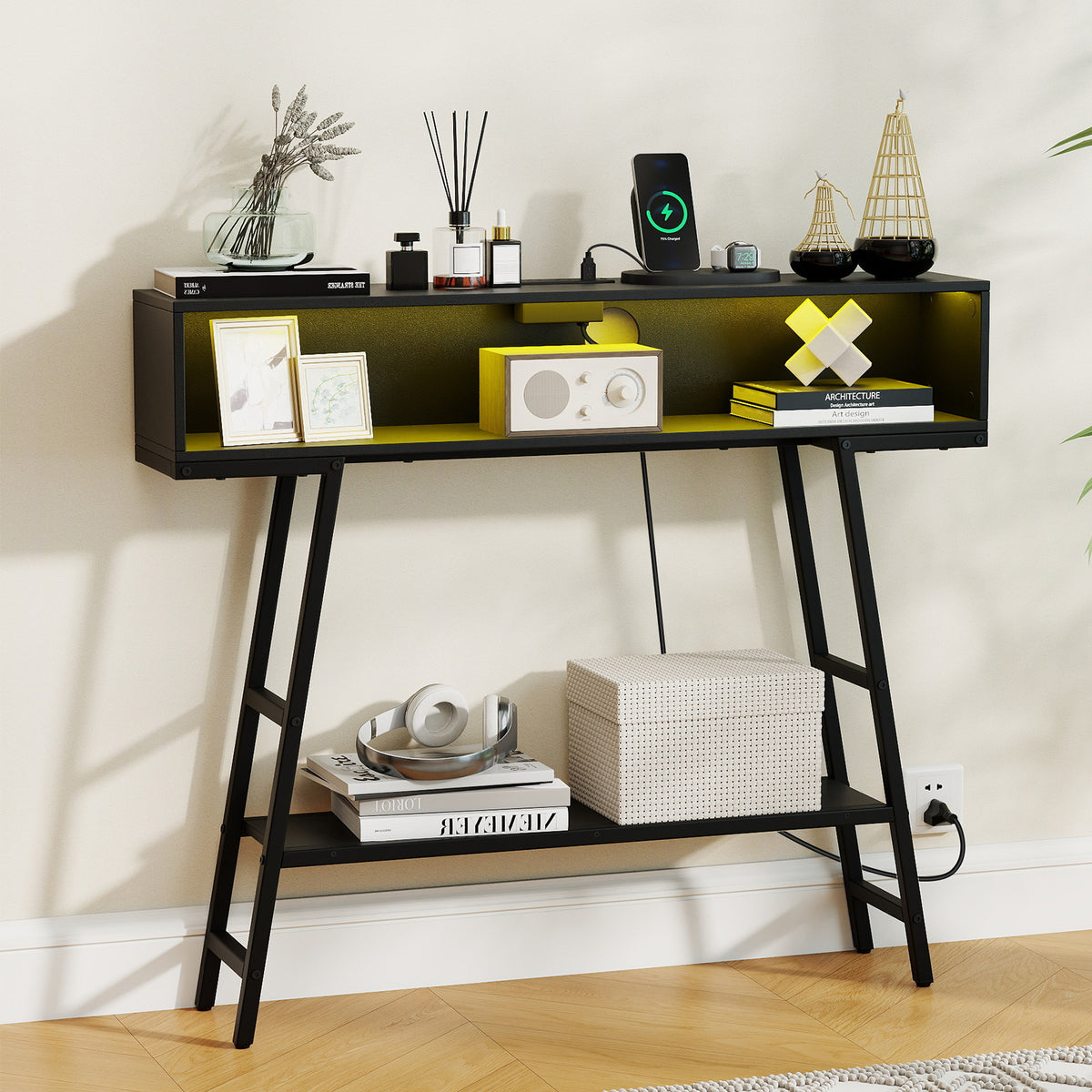 3-Tier Console Table with LED Light and Charging Station-Black
