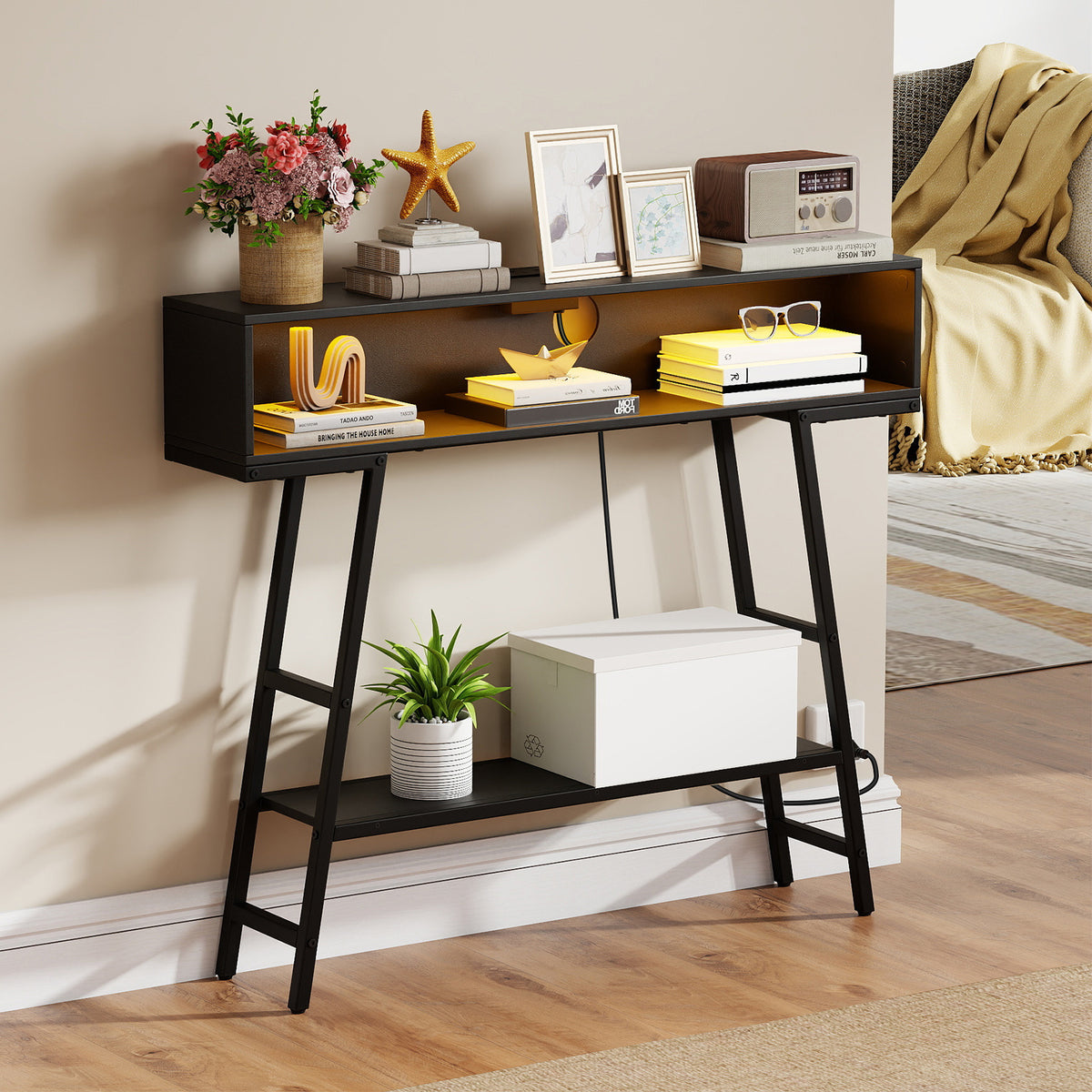 3-Tier Console Table with LED Light and Charging Station-Black