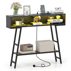 3-Tier Console Table with LED Light and Charging Station-Black