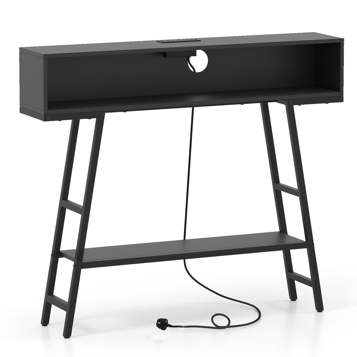 3-Tier Console Table with LED Light and Charging Station-Black