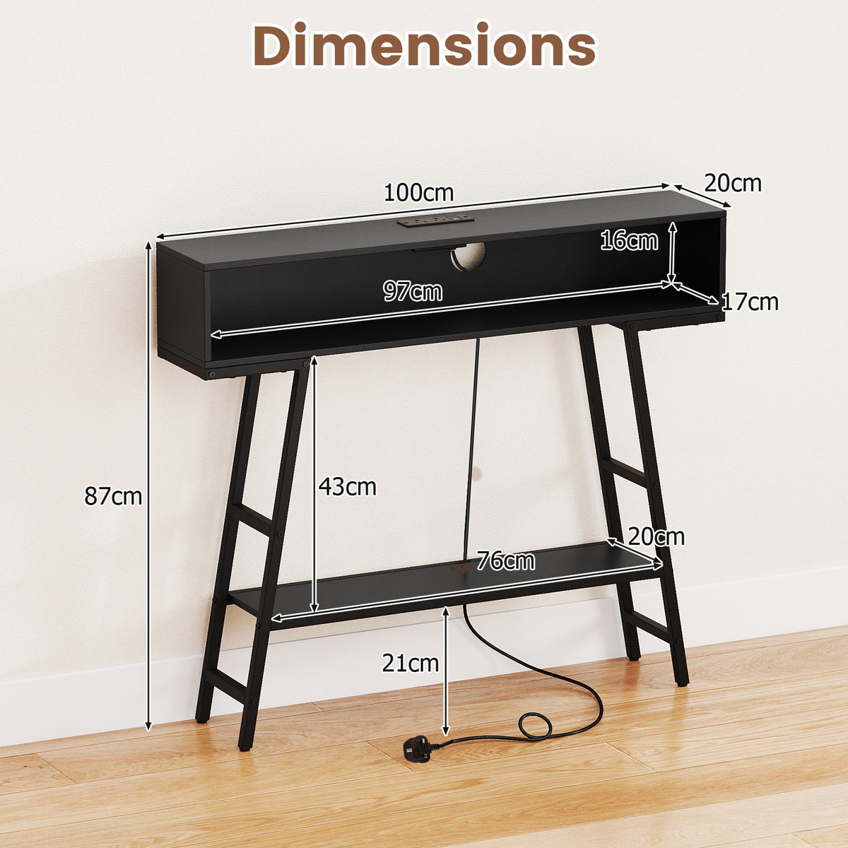 3-Tier Console Table with LED Light and Charging Station-Black