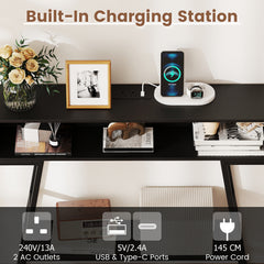 3-Tier Console Table with LED Light and Charging Station-Black