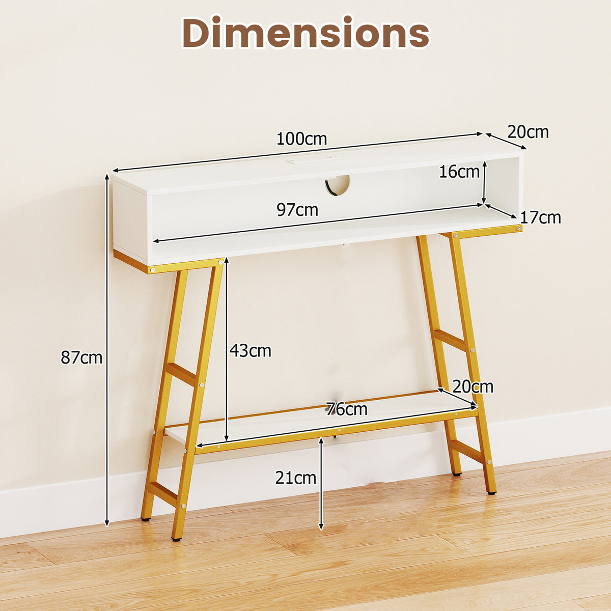 3-Tier Console Table with LED Light and Charging Station-White